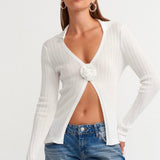 Ribbed Cardigan with Flower Detail