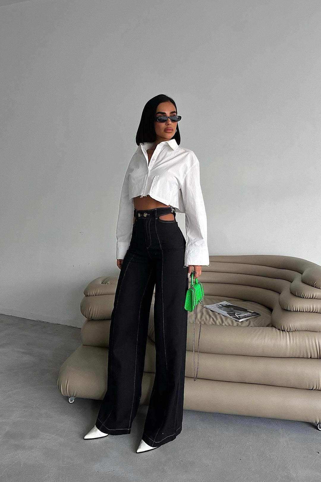 Cutout Waist Black Flare Pants