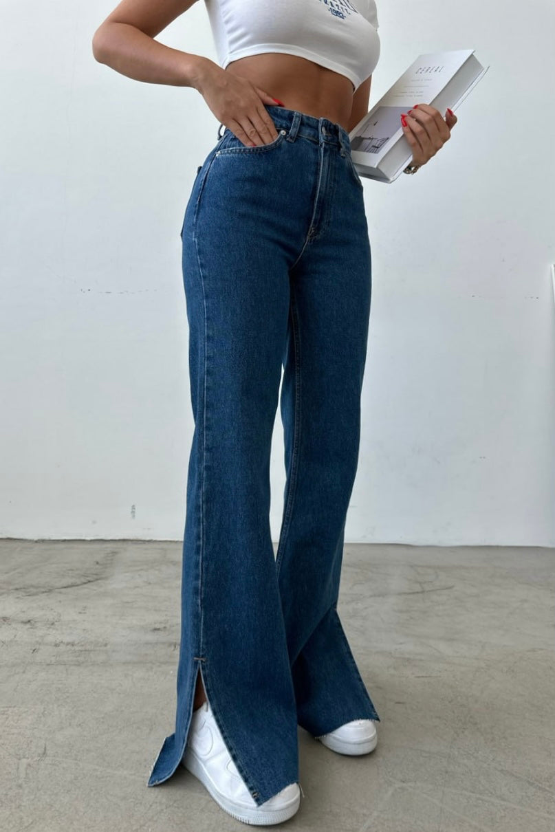 Wide Side Split Jeans Dark Blue