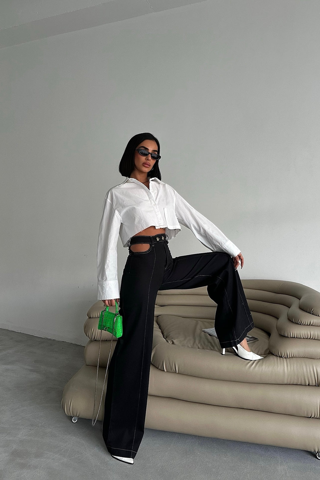 Cutout Waist Black Flare Pants