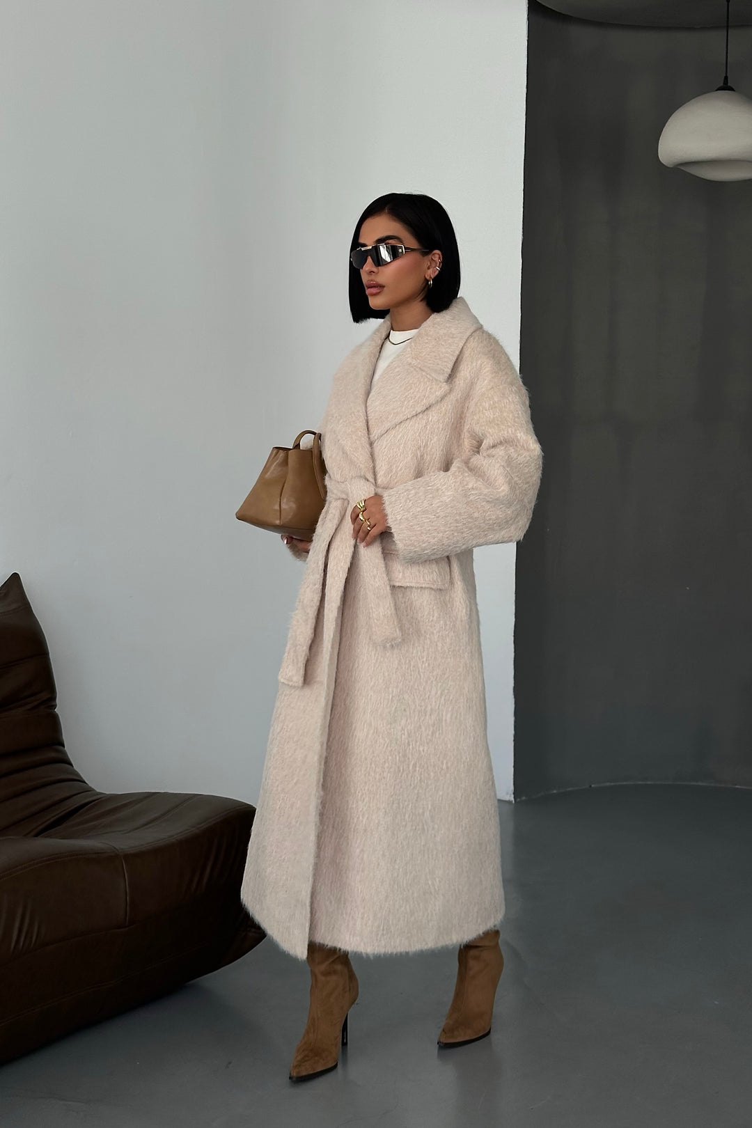 Textured Wool Blend Wrap Coat Beige
