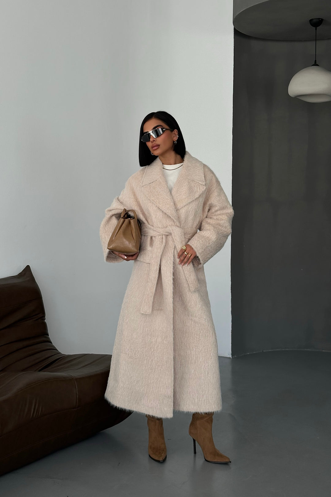 Textured Wool Blend Wrap Coat Beige