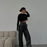 Black Faux Leather Pants with White Stitch