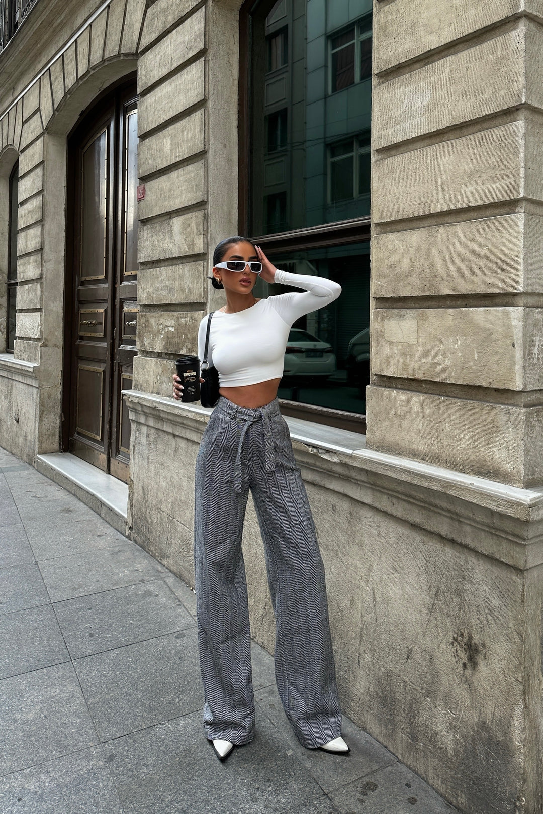 Herringbone Wool Wide Legs Pants
