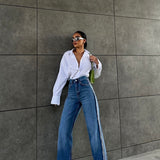 White Stitch Stripe Design Flared Jeans