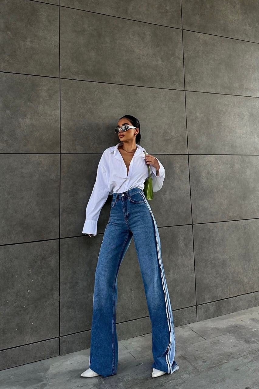 White Stitch Stripe Design Flared Jeans