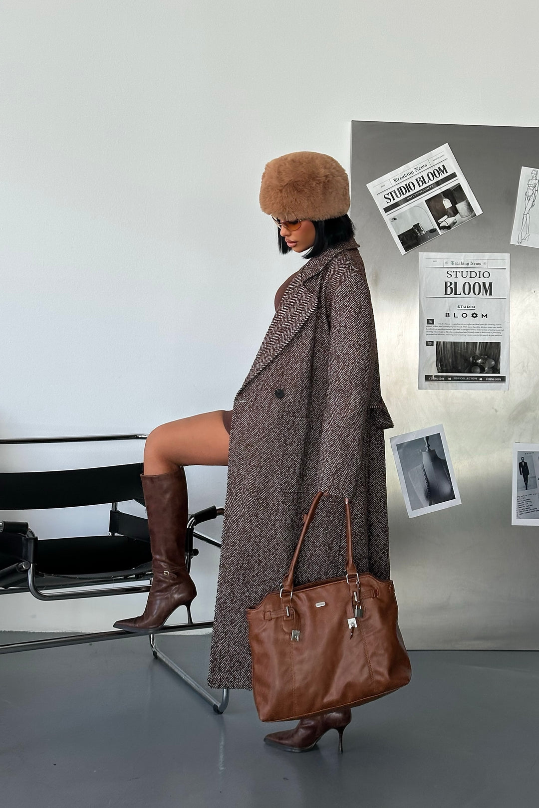 Brown Herringbone Wool Belted Coat