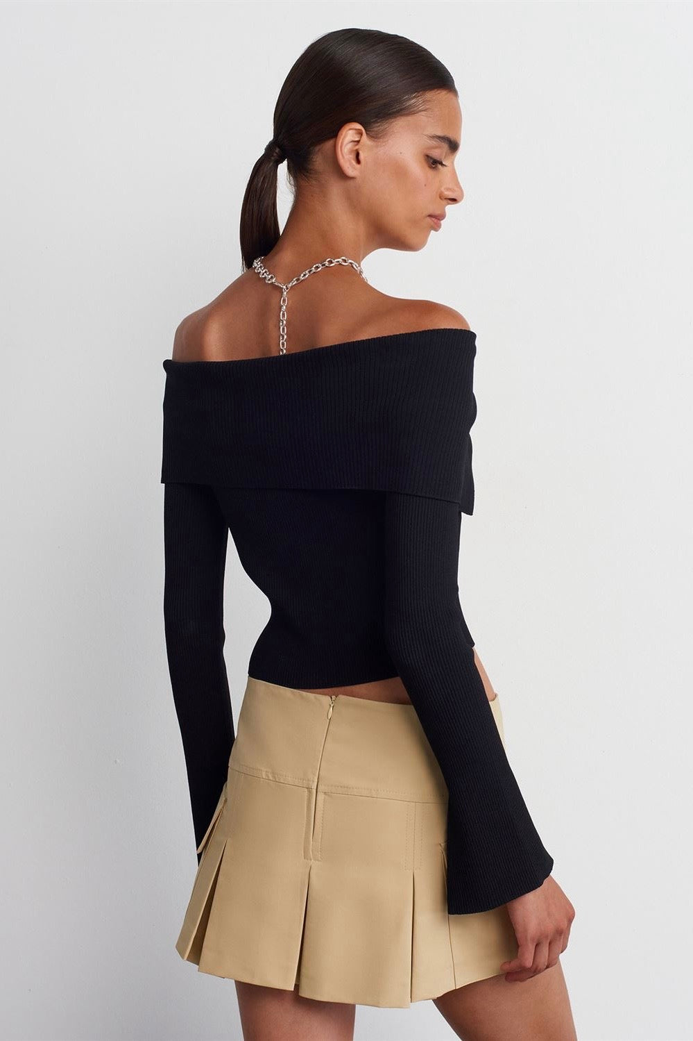 Off-Shoulder Zip-Up Ribbed Top