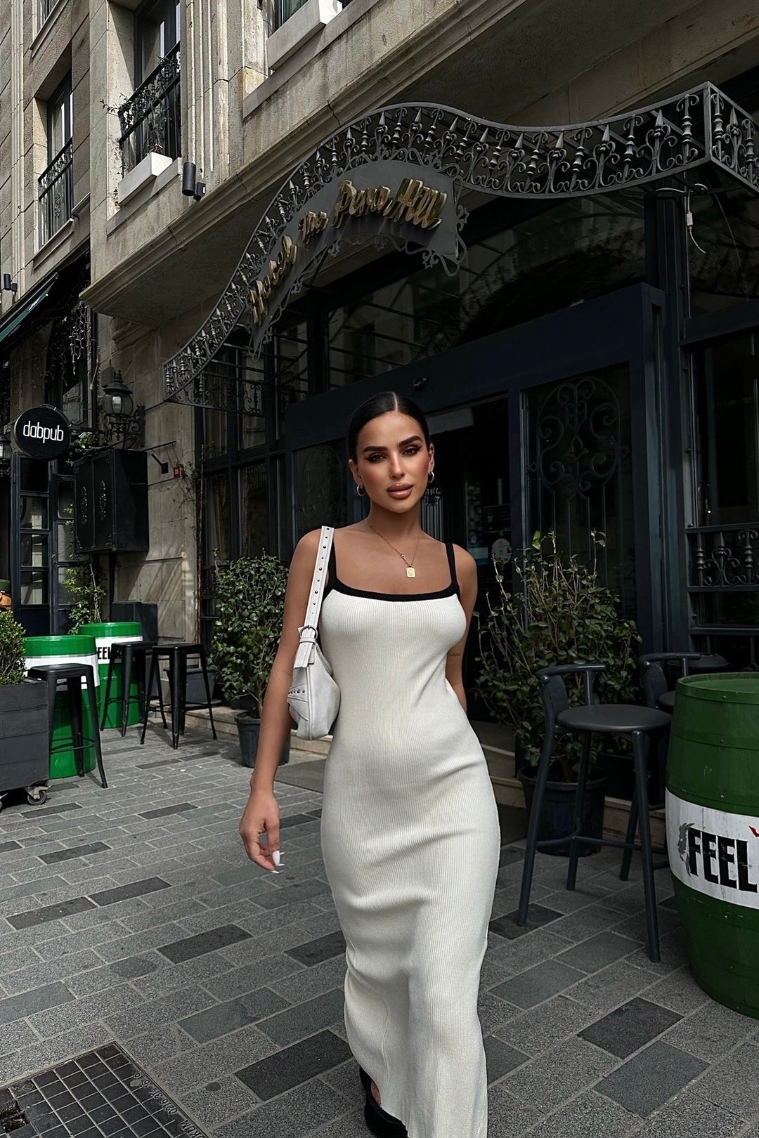 Black Strings Ribbed Cream Dress