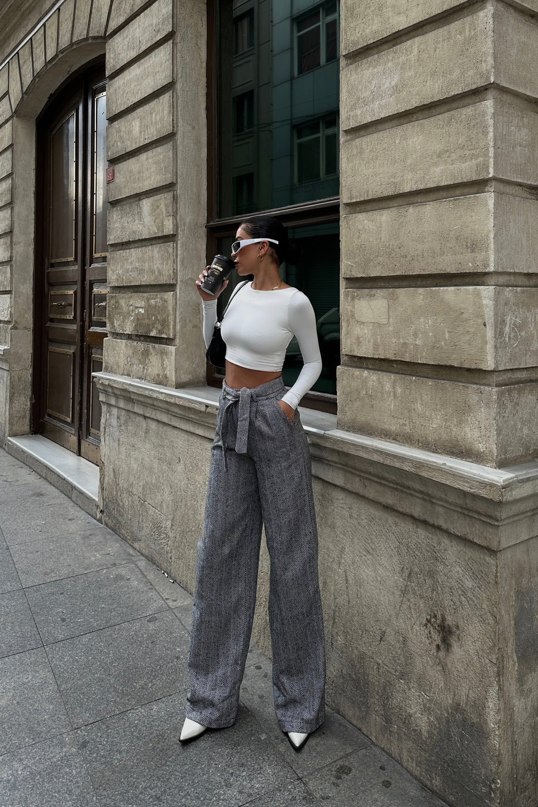 Herringbone Wool Wide Legs Pants