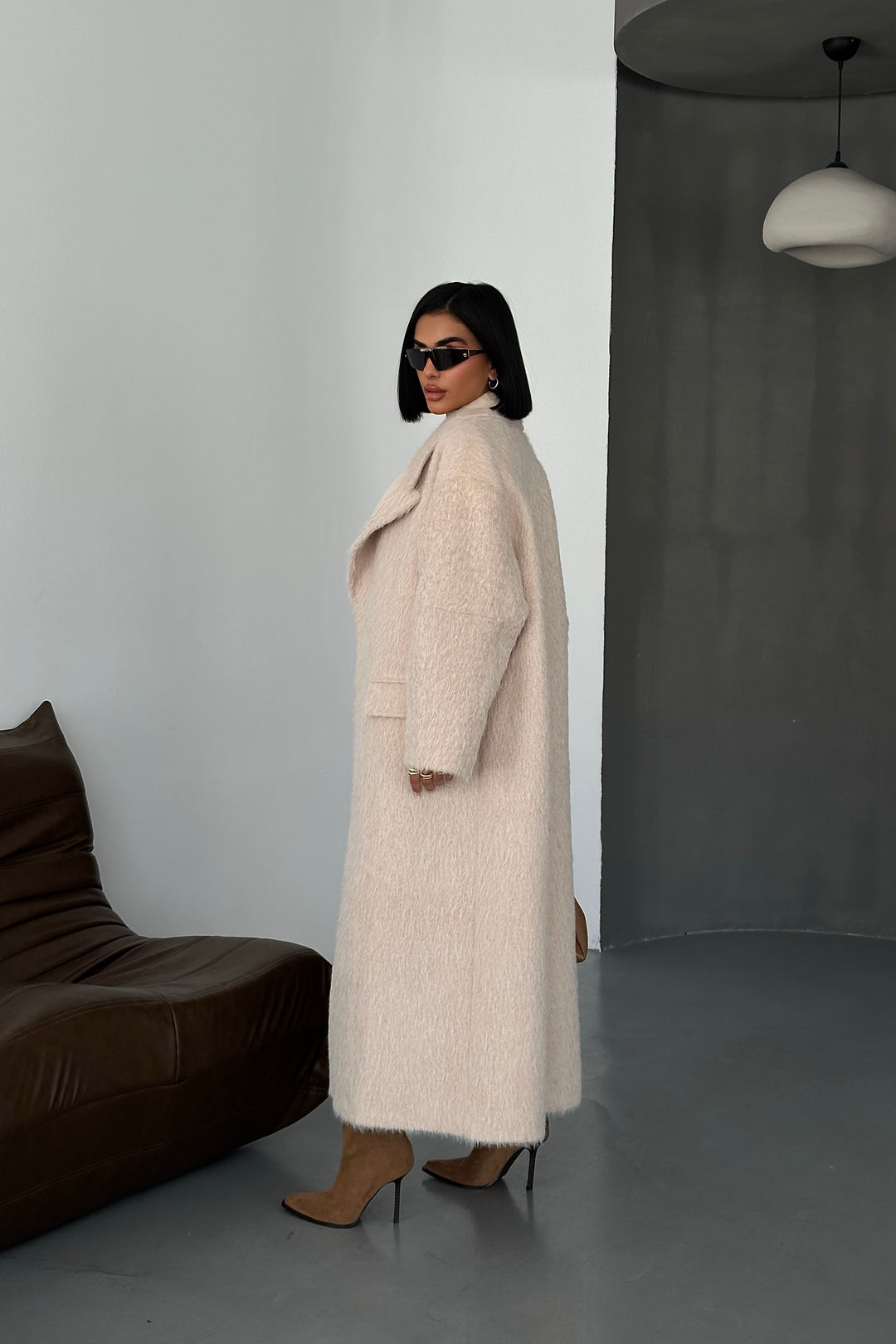 Textured Wool Blend Wrap Coat Beige