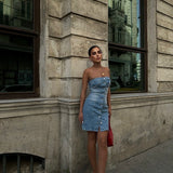 Button Up Strapless Denim Dress