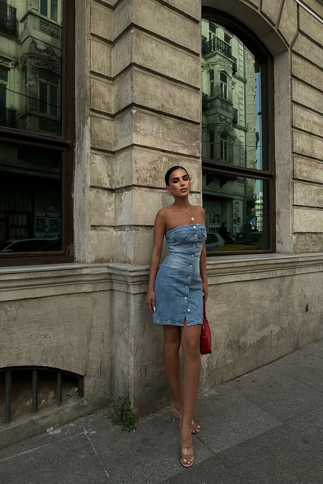 Button Up Strapless Denim Dress