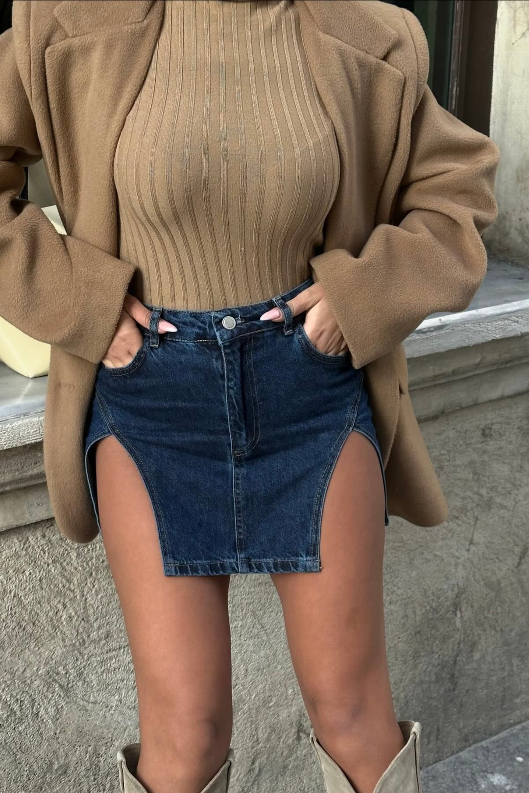 Slit Design Mini Denim Skirt