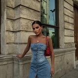 Button Up Strapless Denim Dress