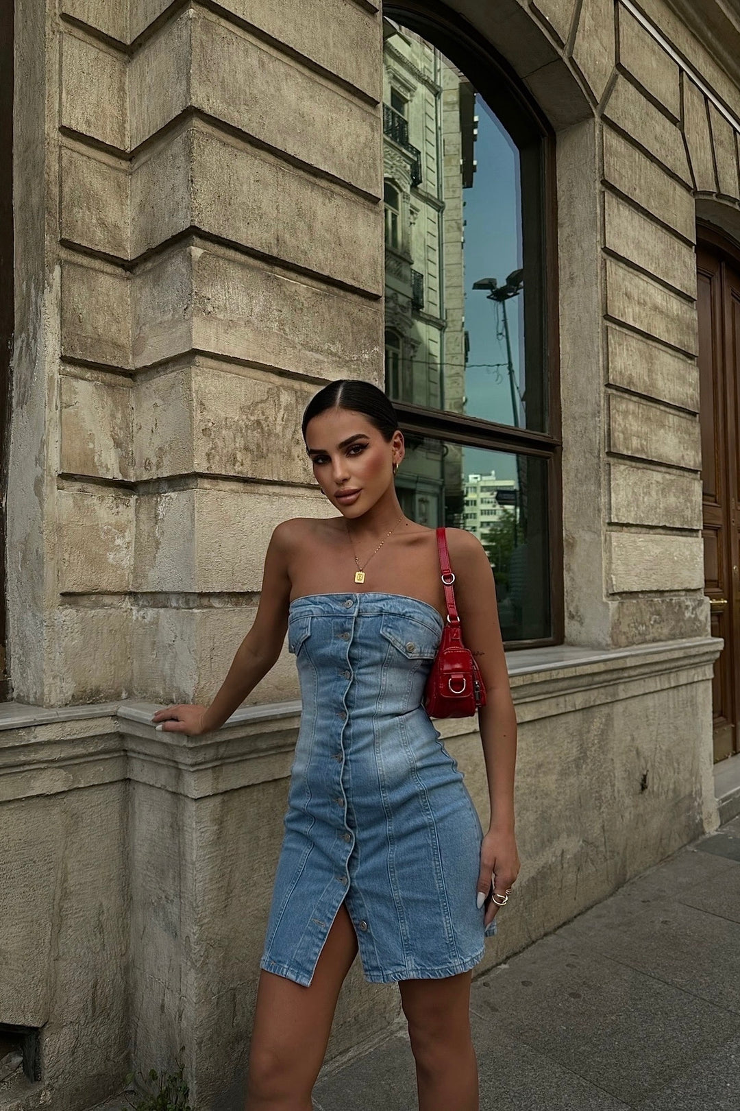 Button Up Strapless Denim Dress