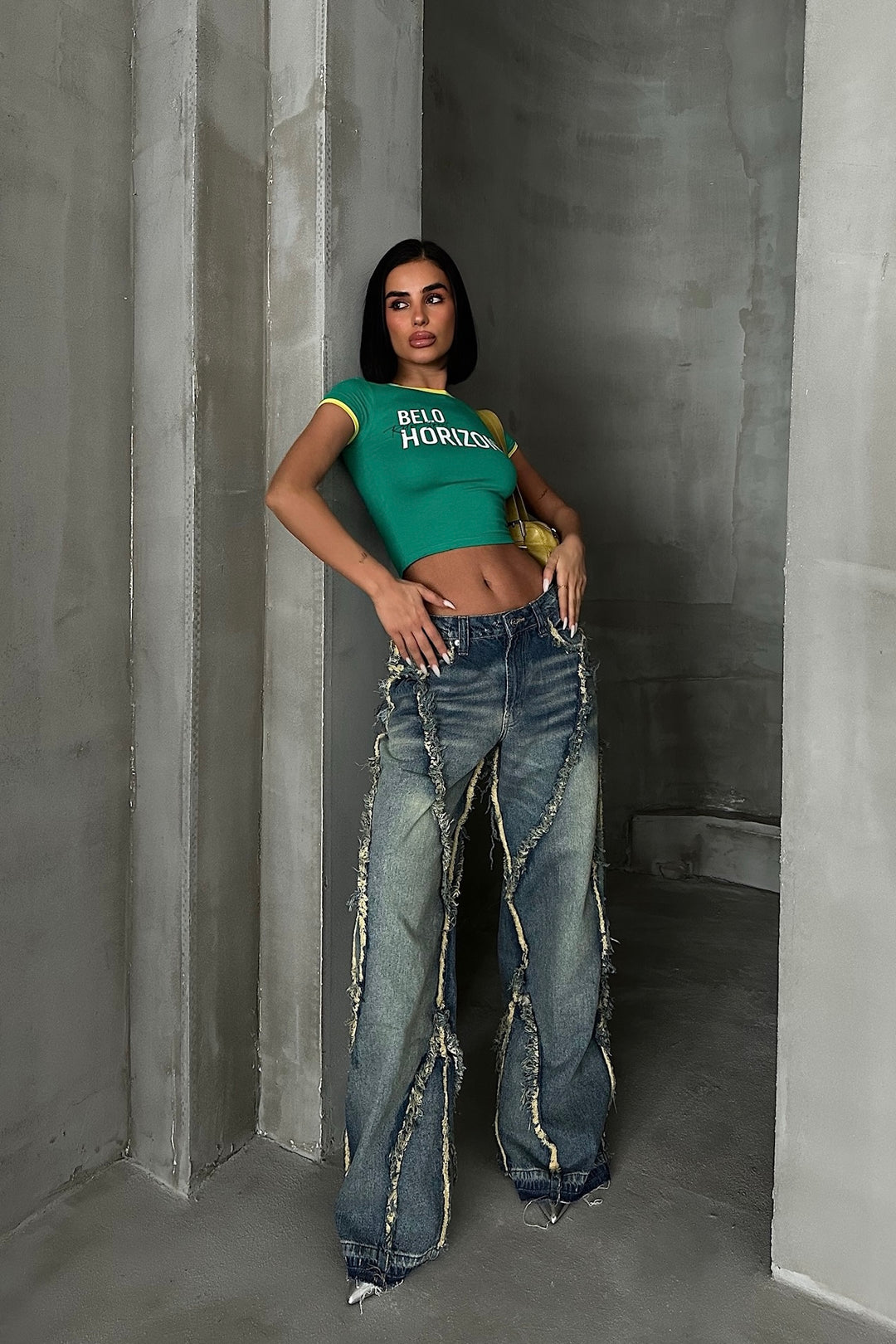 Tassel Wide-Leg Jeans Green Wash