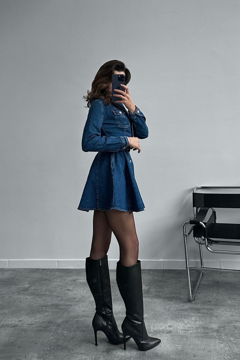 Pleated Long Sleeve Denim Dress