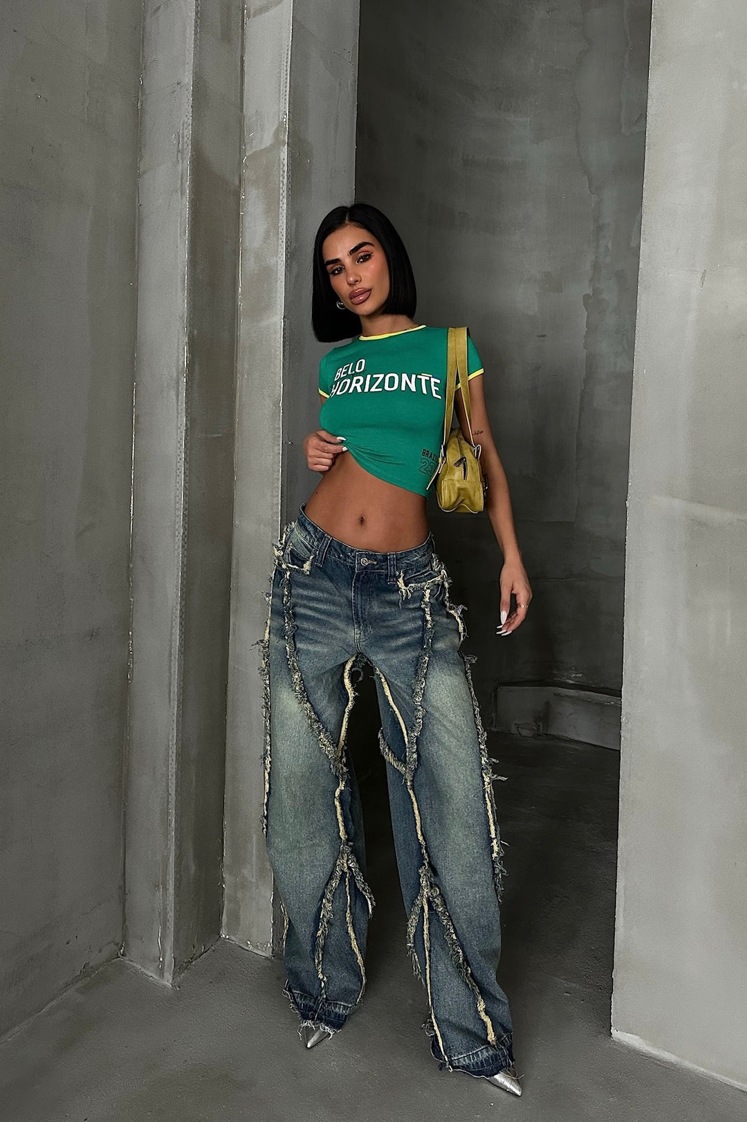 Tassel Wide-Leg Jeans Green Wash