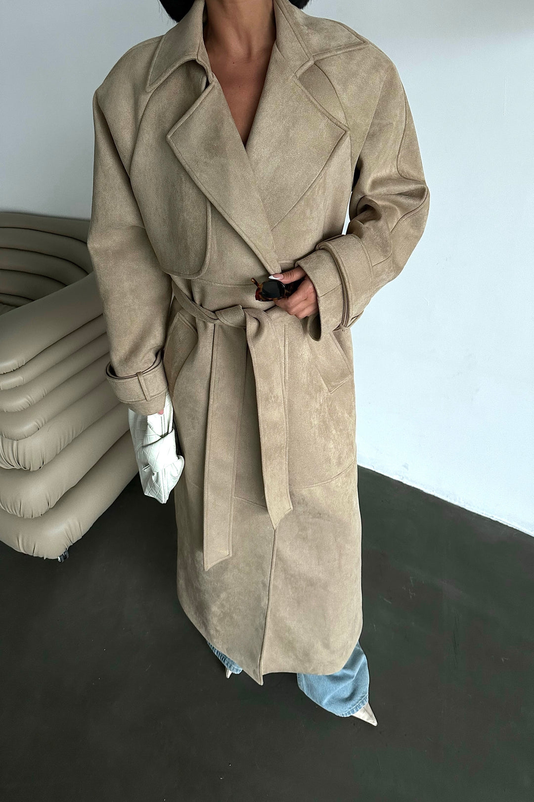 Sand Suede Belted Coat