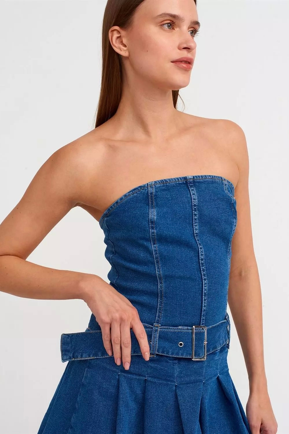 Denim Micro Mini Pleated Dress