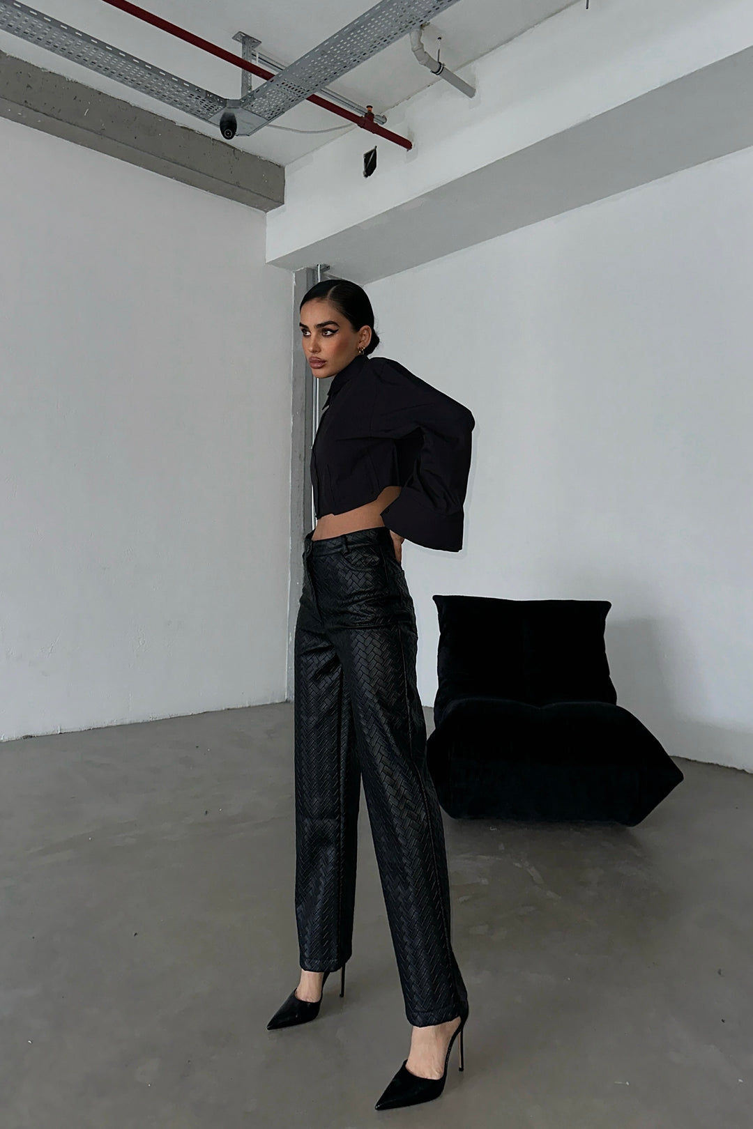 Herringbone Faux Leather Pants