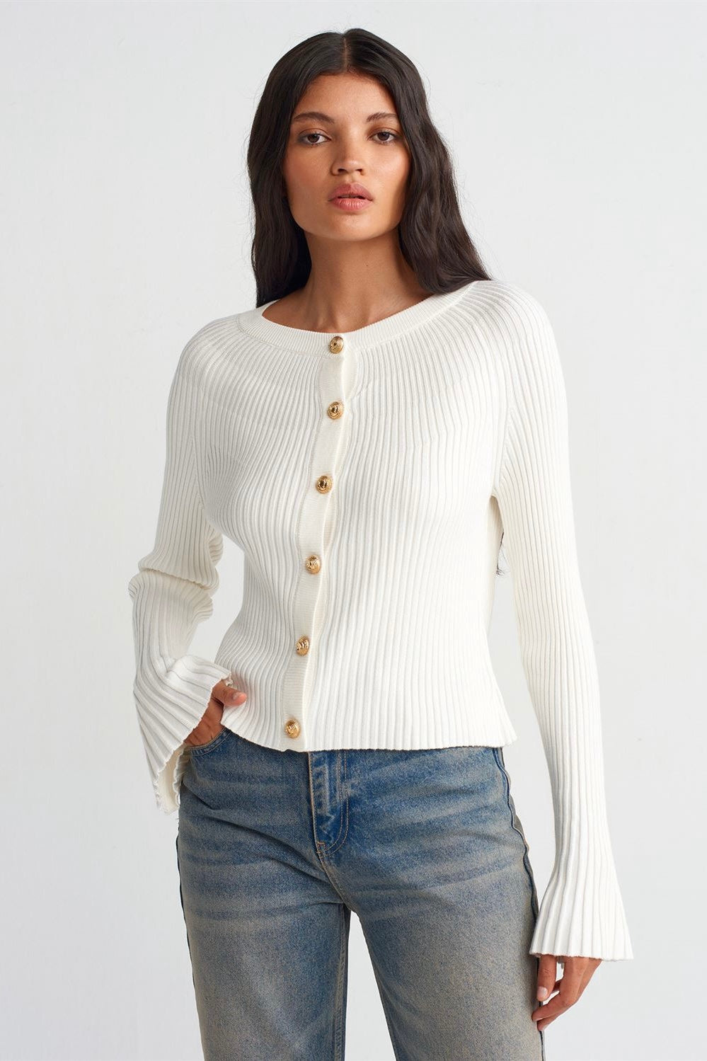 Flared Sleeves Button Up Cardigan