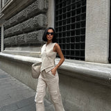 Wide Leg Canvas Cargo Pants Stone