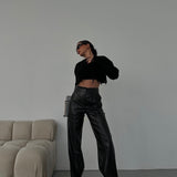 Black Faux Leather Pants with White Stitch
