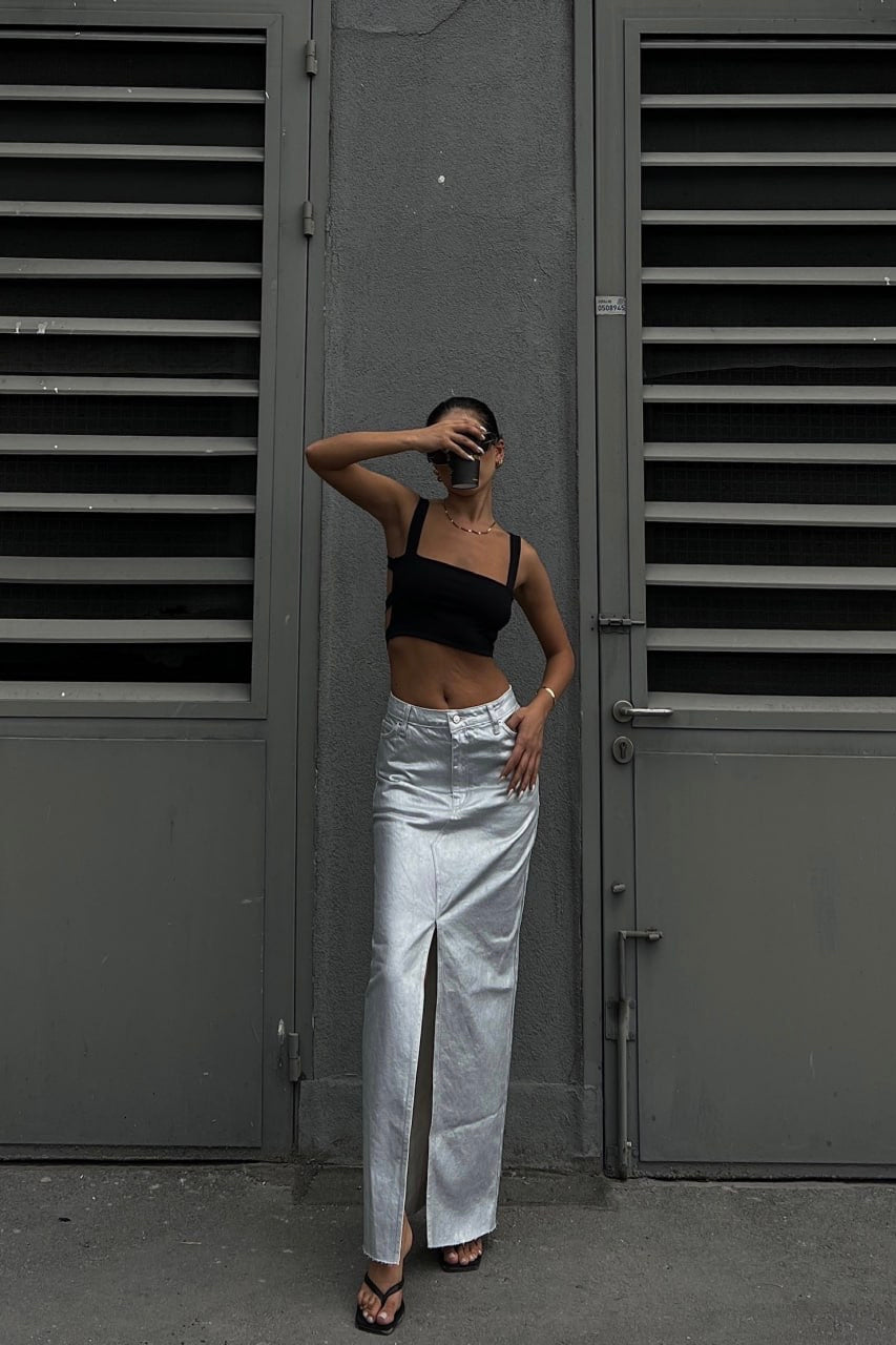Silver Wash Slit Long Skirt