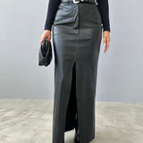 Split Faux Leather Long Skirt