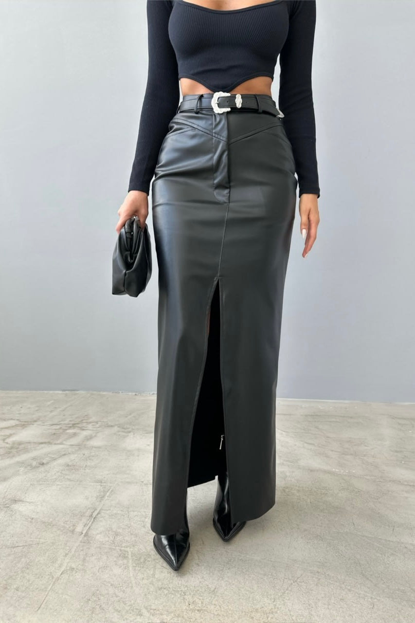 Split Faux Leather Long Skirt