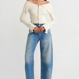 Off-Shoulder Zip-Up Ribbed Top