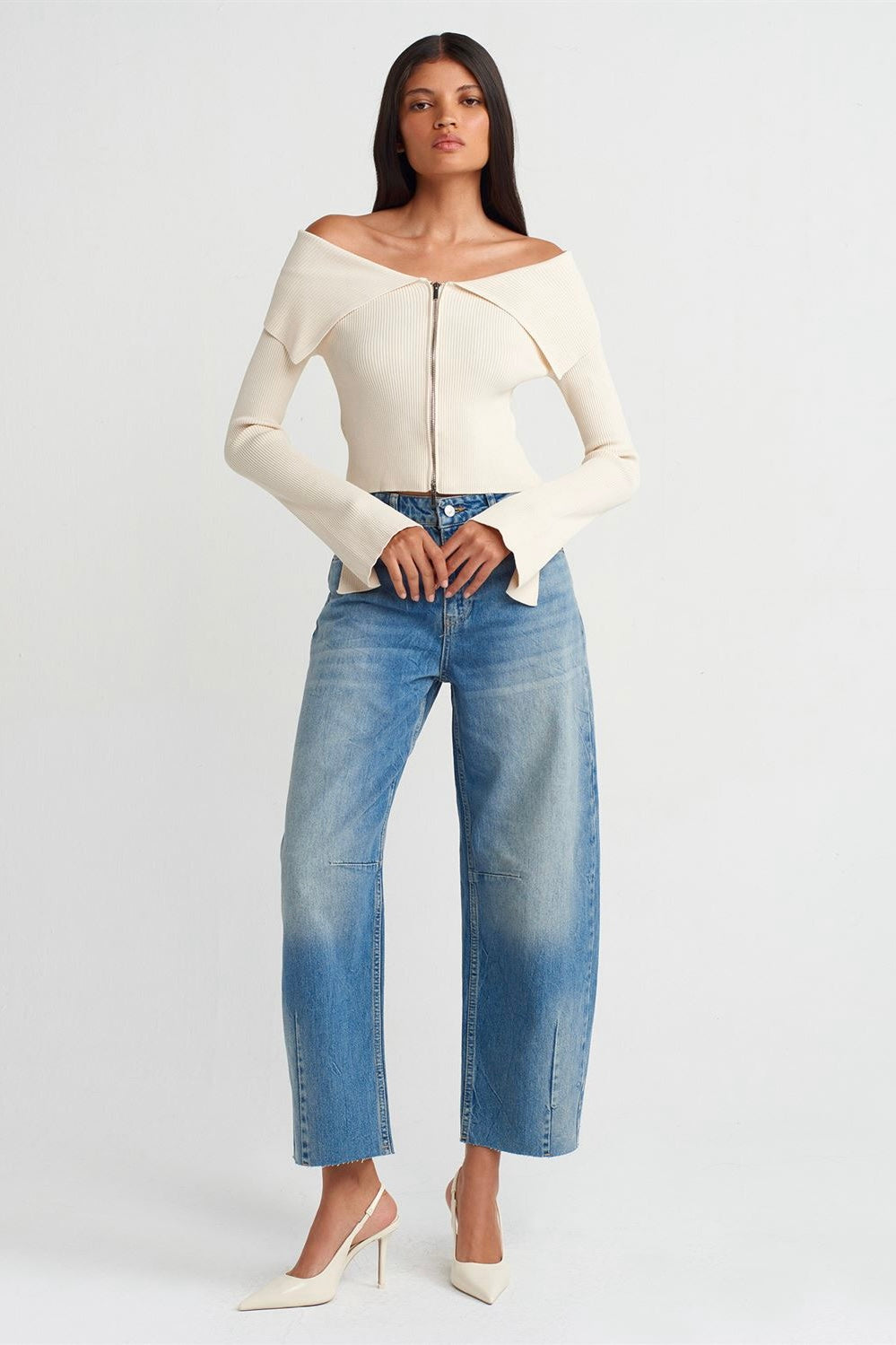 Off-Shoulder Zip-Up Ribbed Top