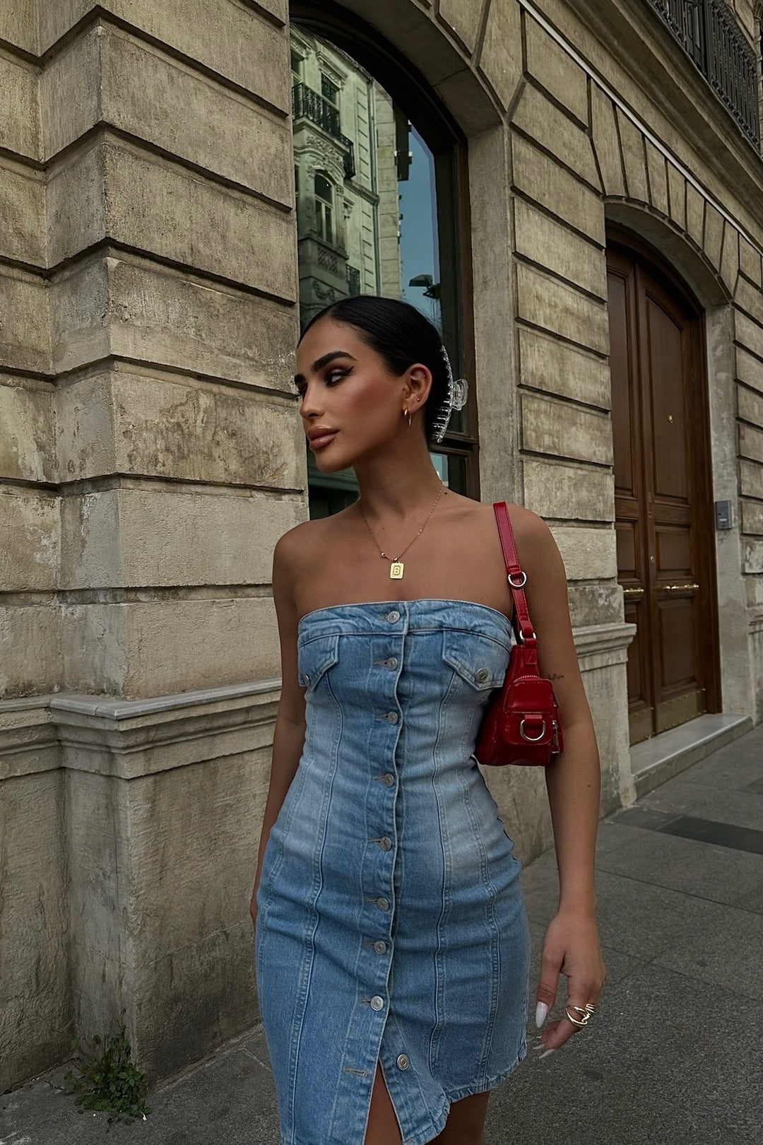 Button Up Strapless Denim Dress