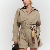 Button Detailed Utility Short Jumpsuit Beige