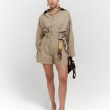 Button Detailed Utility Short Jumpsuit Beige