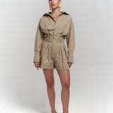 Button Detailed Utility Short Jumpsuit Beige