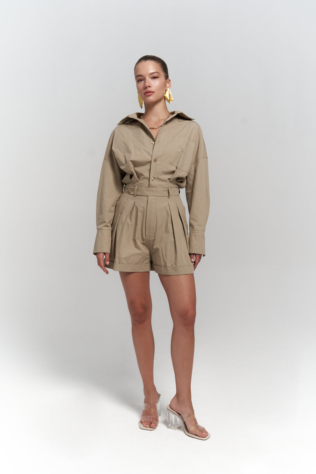 Button Detailed Utility Short Jumpsuit Beige