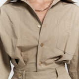 Button Detailed Utility Short Jumpsuit Beige