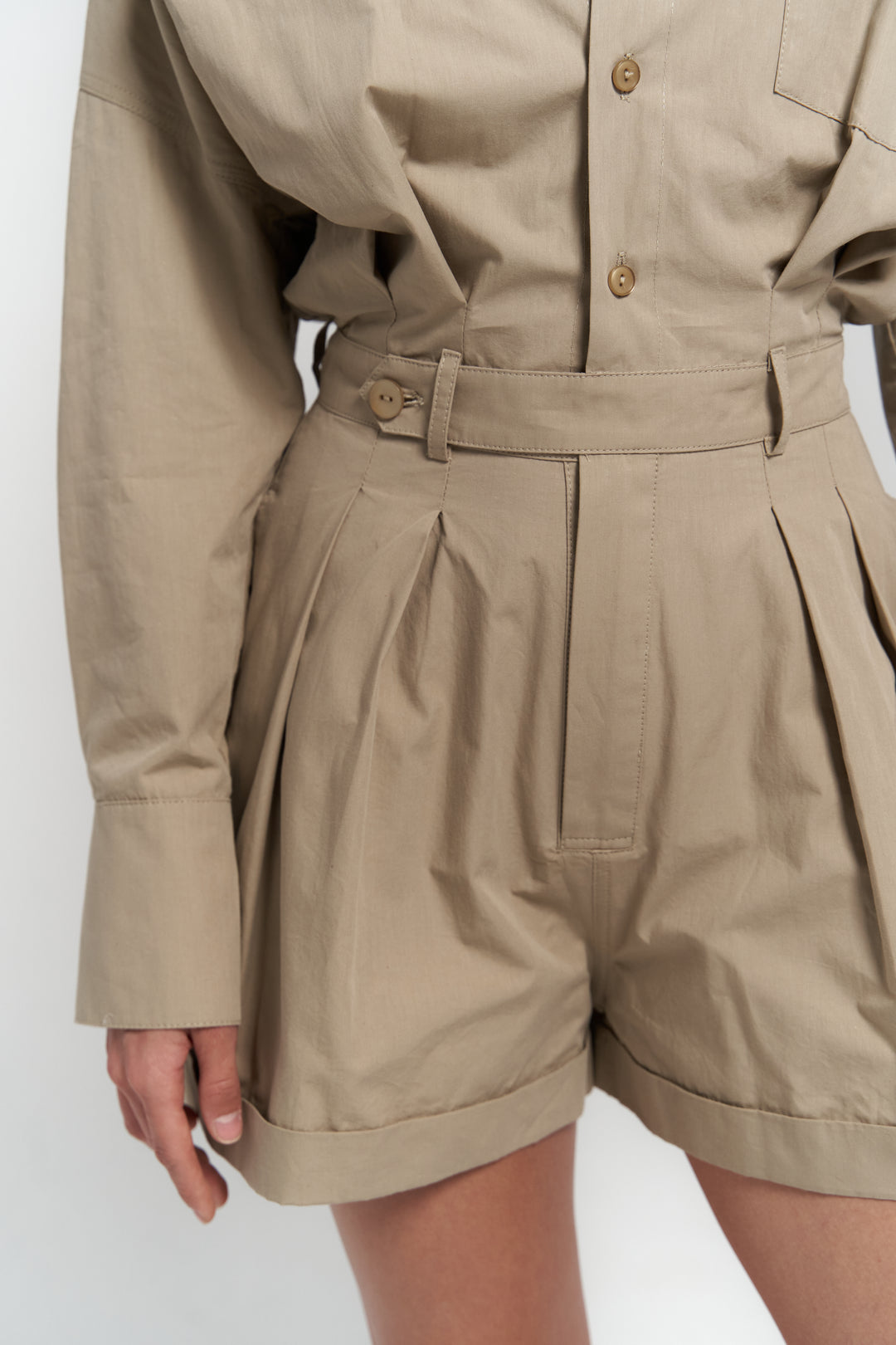 Button Detailed Utility Short Jumpsuit Beige