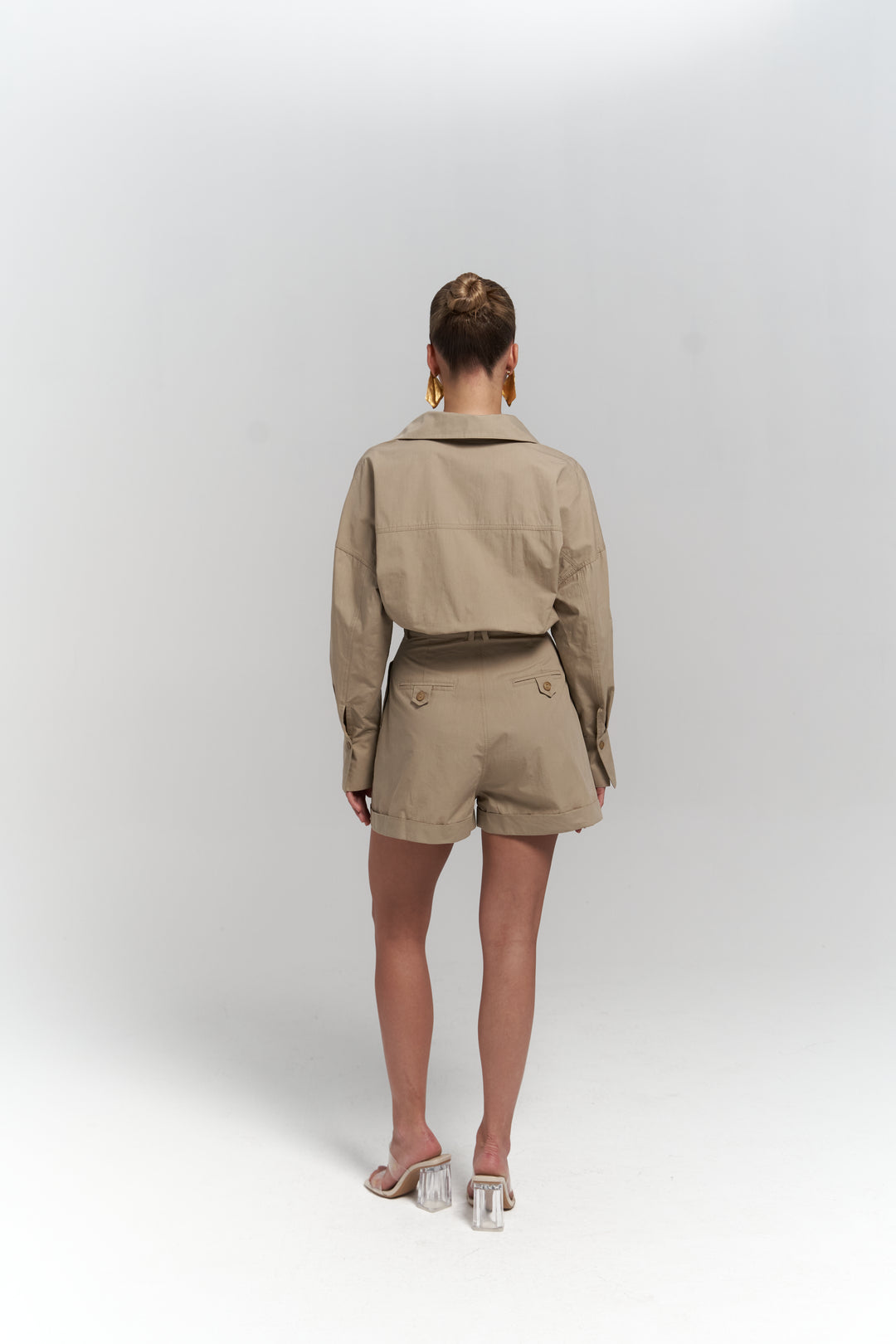 Button Detailed Utility Short Jumpsuit Beige