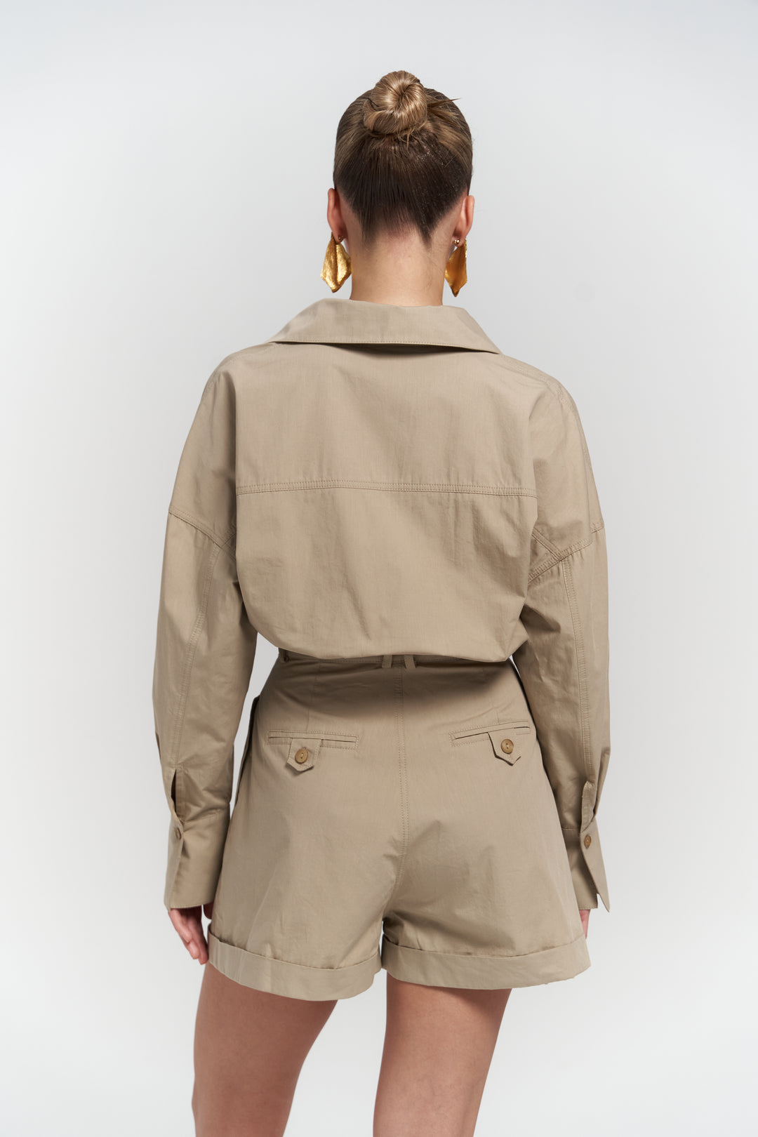Button Detailed Utility Short Jumpsuit Beige