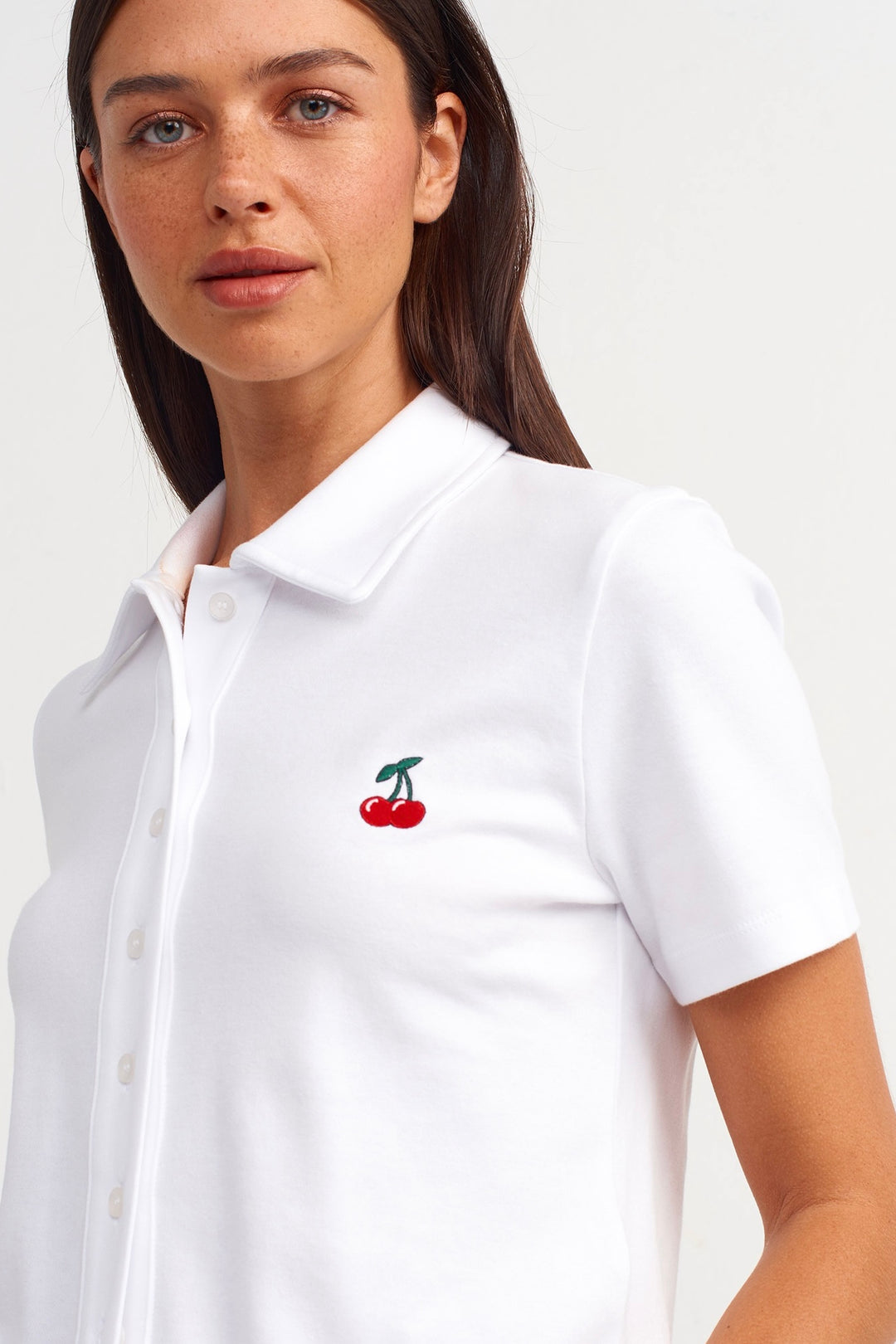 Cherry Embroidered White Polo Shirt