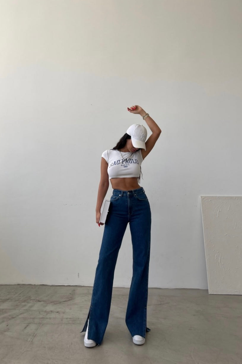 Wide Side Split Jeans Dark Blue