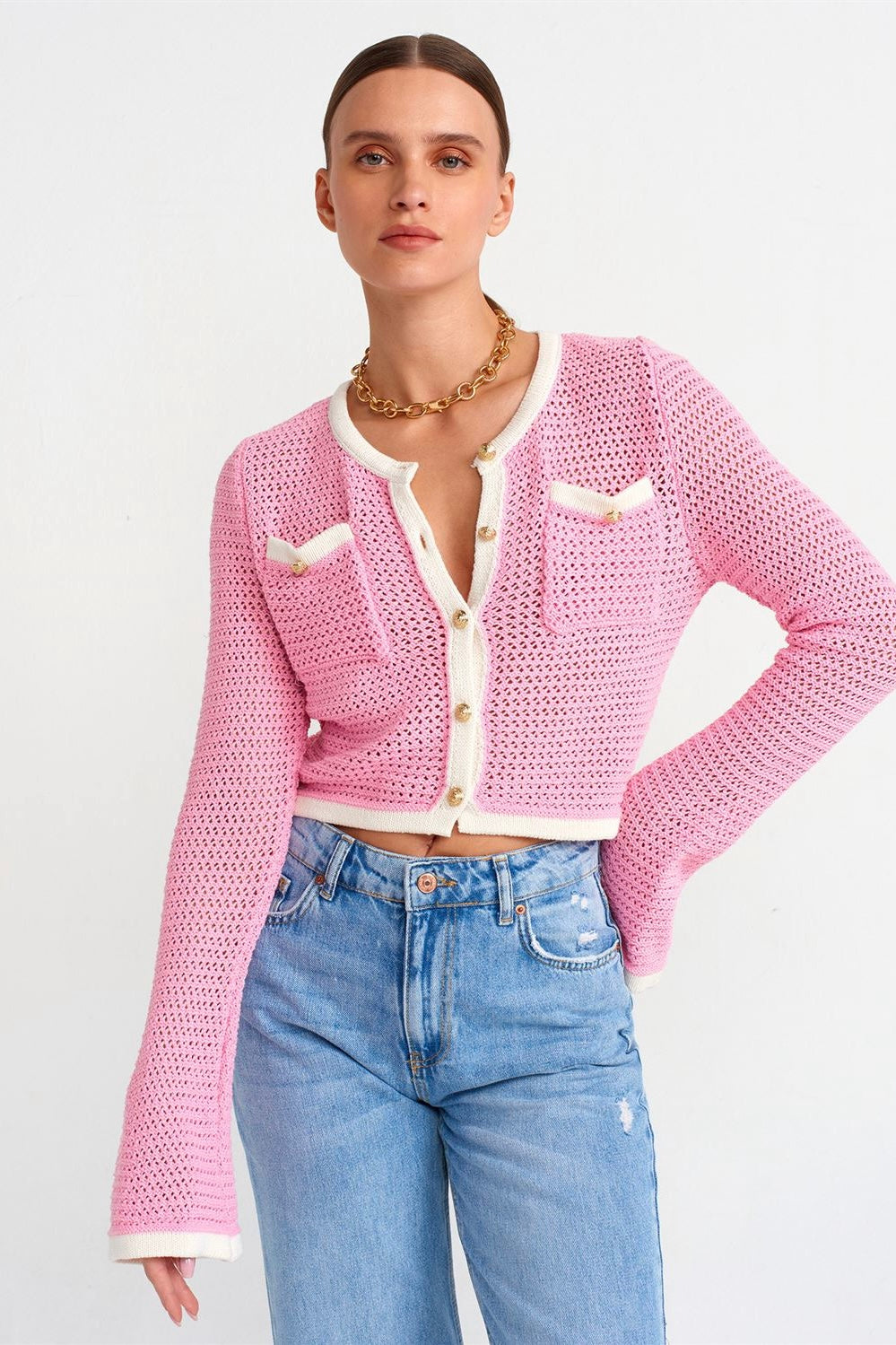 Golden Buttoned Crochet Cardigan