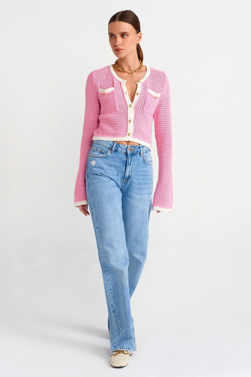 Golden Buttoned Crochet Cardigan
