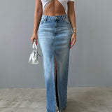Long Slit Blue Jean Skirt