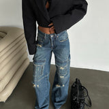 Cargo Pocket Wide Leg Ripped Jeans