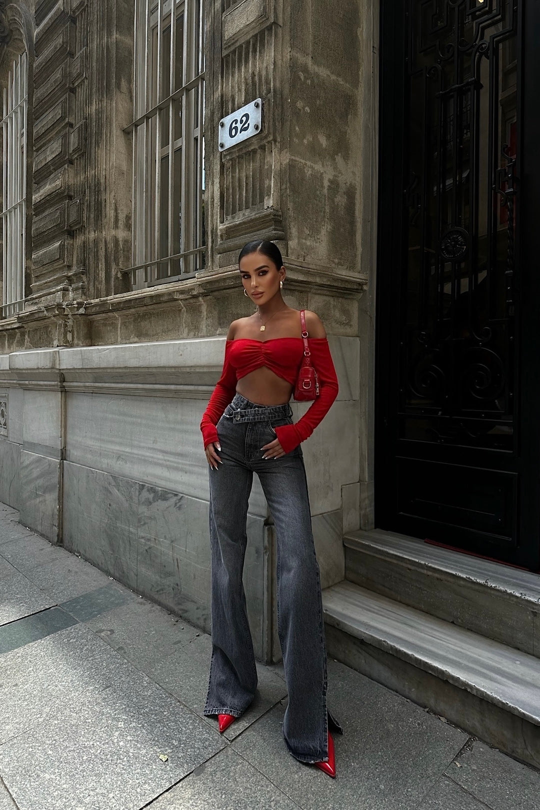 Cross Belt Flared Split Hem Jeans